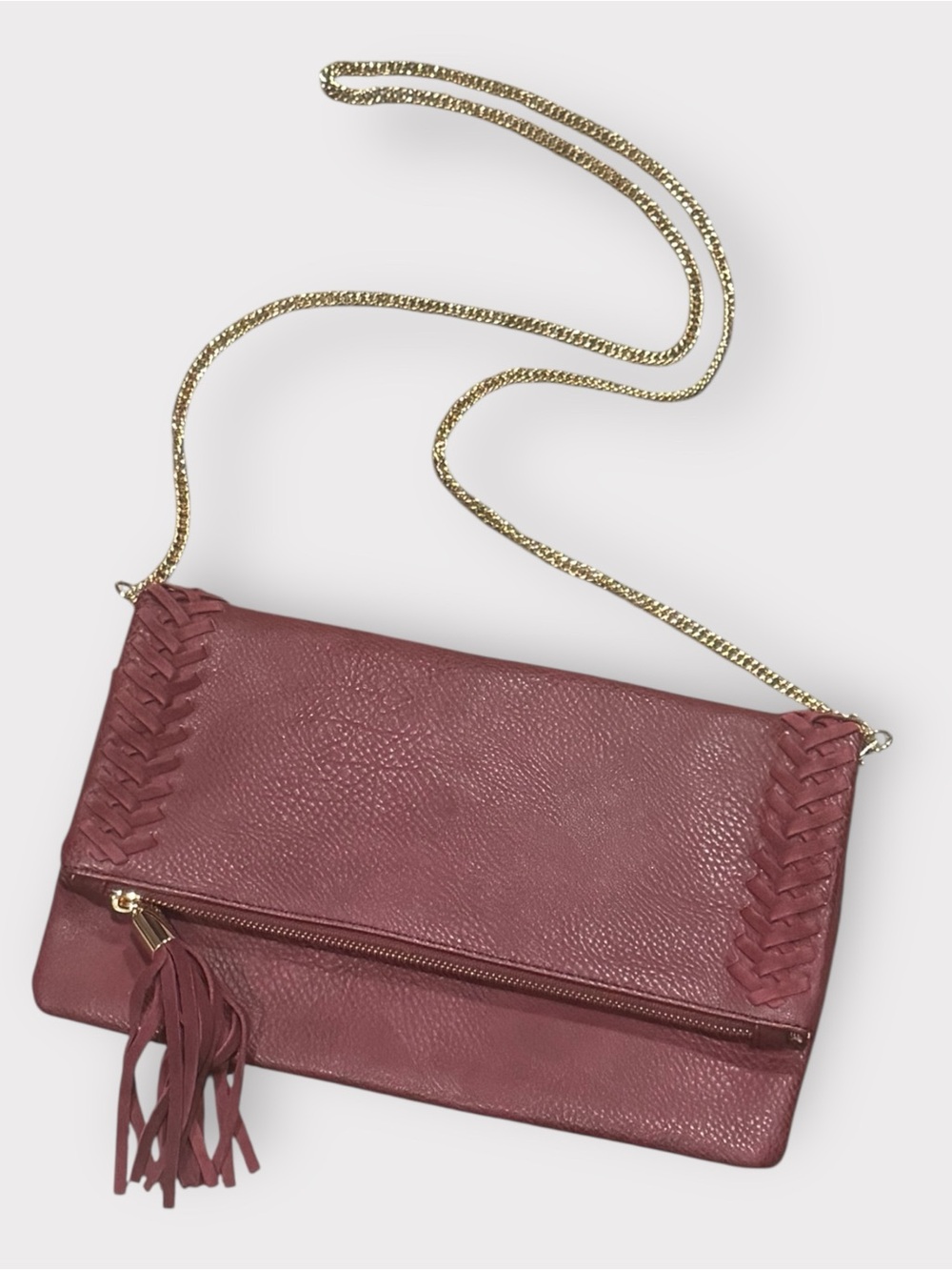 Burgundy Foldover Tassel Crossbody Bag with Chain Strap